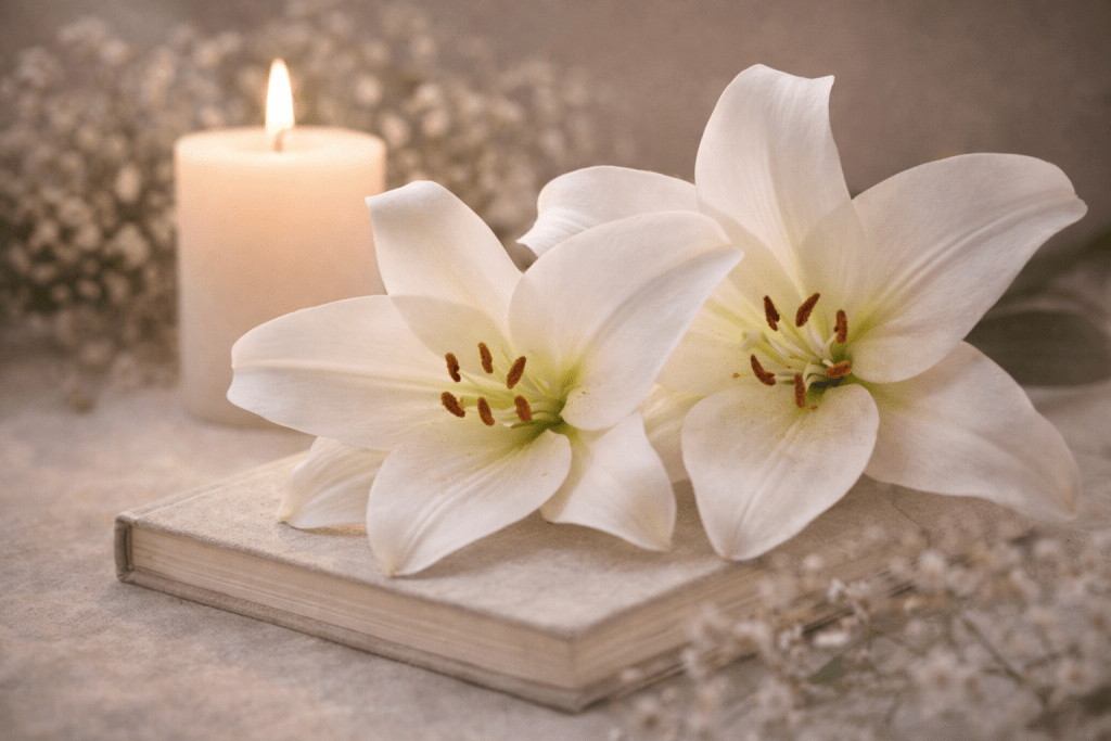 White lilies and candle representing peace remembrance and end of life care support