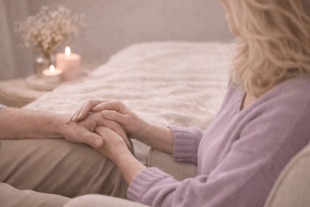 A close-up of two hands gently holding each other, with a soft background featuring candles and a cozy setting.
